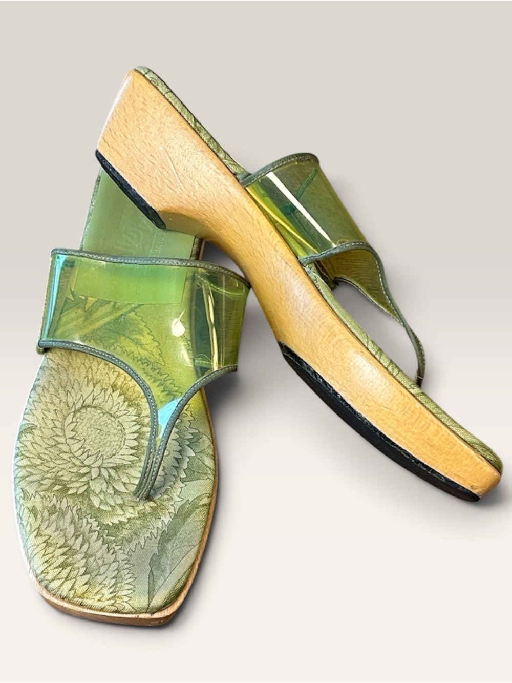 Vintage Salvatore Ferragamo Lime Green wooden platform clear thong strap sandal